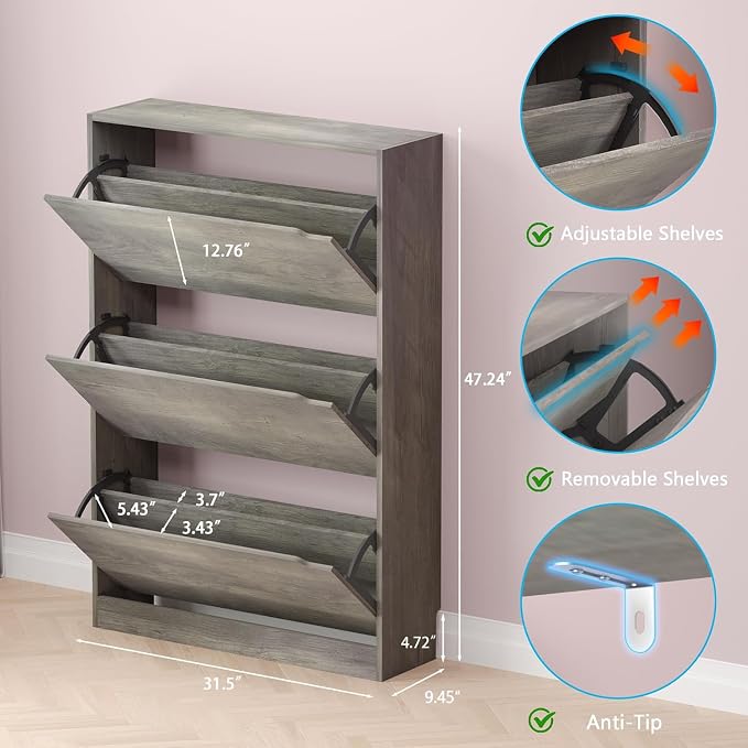BORNOON Shoe Cabinet with 3 Flip Drawers, Hidden Wood Shoe Cabinet,Freestanding Shoe Storage Cabinet for Entryway Hallway