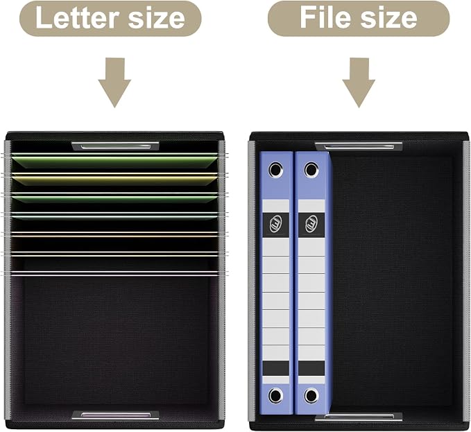 File Organizer Box with Lids, Collapsible File Folder Organizer | File Box with Plastic Slides for Document, Filing Bin for Letter Size Hanging File Folders (1 Pack, Khaki, Leather)