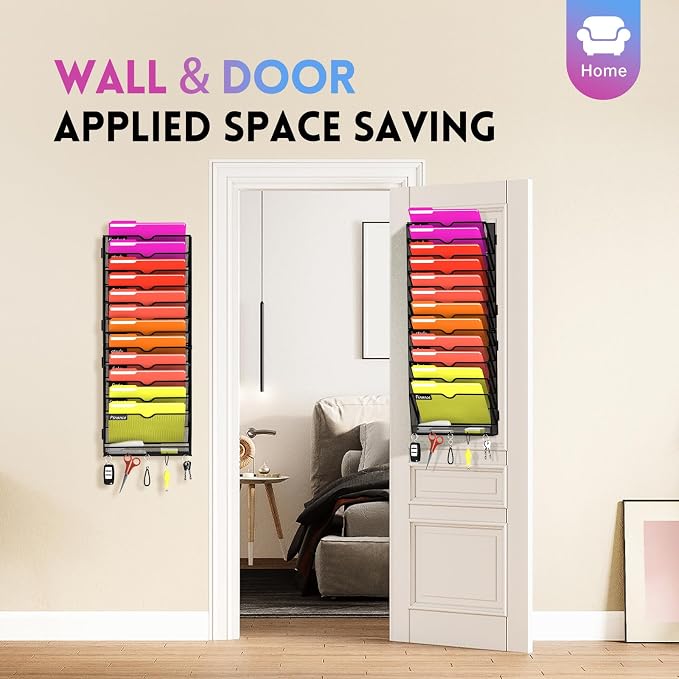 13-Tier Wall File Organizer with Base and Hooks, Hanging Organizer, Black | Wall Organizer and Wall File Holder with 13 Vertical Pockets and Bottom Tray for Files, Mail, Folders, Magazines and Paper