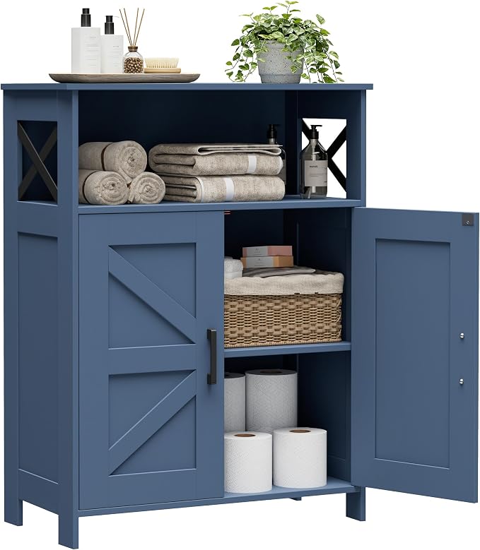 Homhedy Farmhouse Bathroom Storage Cabinet with Doors, Small Floor Cabinet | Toilet Paper Cabinet with Adjustable Shelf, Freestanding Storage Cabinet for Kitchen/Laundry/Living Room, 24"W, Blue
