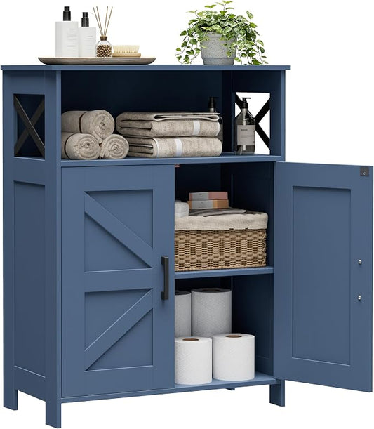 Homhedy Farmhouse Bathroom Storage Cabinet with Doors, Small Floor Cabinet | Toilet Paper Cabinet with Adjustable Shelf, Freestanding Storage Cabinet for Kitchen/Laundry/Living Room, 24"W, Blue