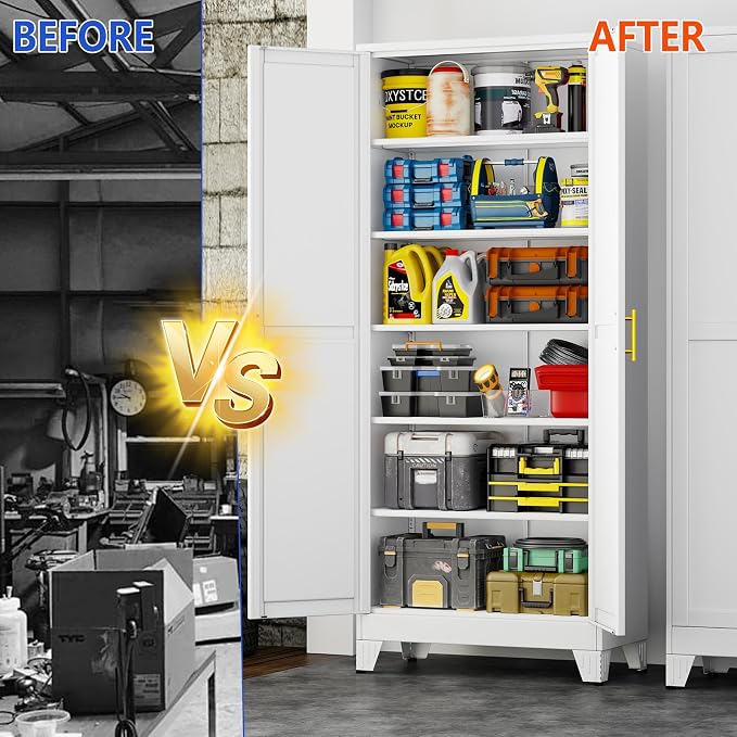 GAIOUS 75''Tall Metal Garage Storage Cabinet,File Cabinet with Door and Adjustable Shelves, Outdoor Steel Tool Cabinet for Home,Office,Warehouse,Garage,White