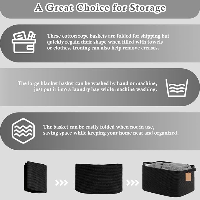 Goodpick Extra Large Woven Blanket Baskets, Cotton Rope, Black | 75L, 22 × 17 × 12 in, Reinforced Handles, Nursery Essentials Organization, Blankets, Pillows, Toys & Clothes Storage