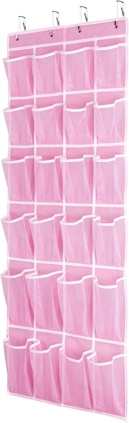 SAVERHO Hanging Shoe Organizer, Over The Door Shoe Organizer with 24 Breathable Mesh Pockets for Men Women Kids Hanging Shoe Storage Rack Organizer Size:58x21 Inch（Pink）