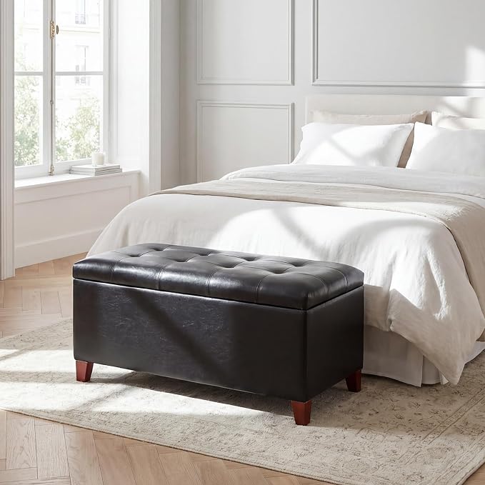 Storage Ottoman Bench, 33" Faux Leather Upholstered End of Bed Bench with Safety Hinge,Wooden Legs,for Entryway Bedroom Living Room,Black