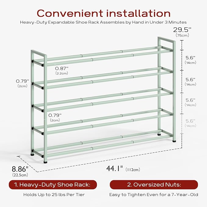 Bumusty 5 Tier Long Expandable Shoe Rack for Closet, Green | 18"-44" Adjustable Shoe Rack for Entryway, Shoe Organizer for Dorm, Front Door, Sturdy Metal