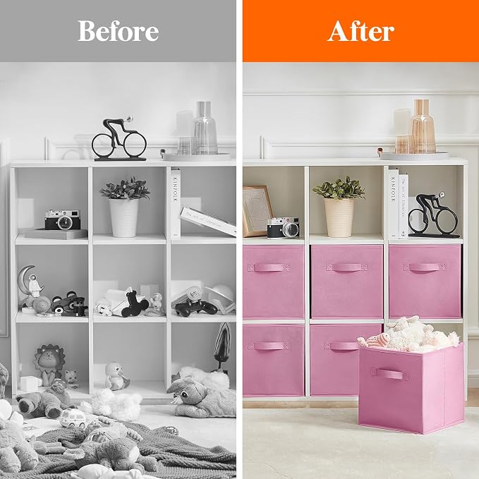 Lifewit Storage Cubes, Foldable Decorative Fabric Storage Baskets for Organizing Home Organizers with Handles for Shelves, Closet, 11 Inch Bins, 18L Pink, 6 Packs