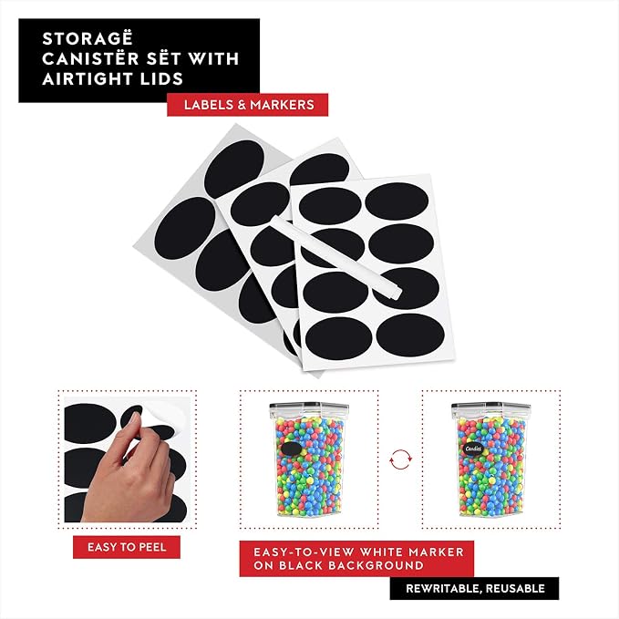 DWËLLZA KITCHEN Airtight Food Storage Containers Set of 6 Pieces 2L - Plastic BPA Free Kitchen Pantry Storage Containers - Dishwasher Safe - Include 8 Labels and Marker