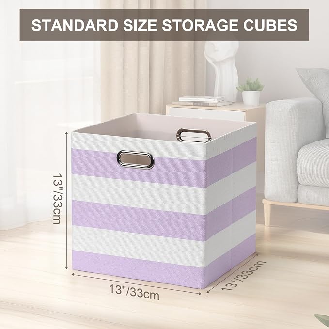 Posprica Storage Bins Storage Cubes,13×13 Collapsible Storage Boxes Containers Organizer Baskets for Nursery,Office,Closet,Shelf - 4pcs,Purple-white Striped