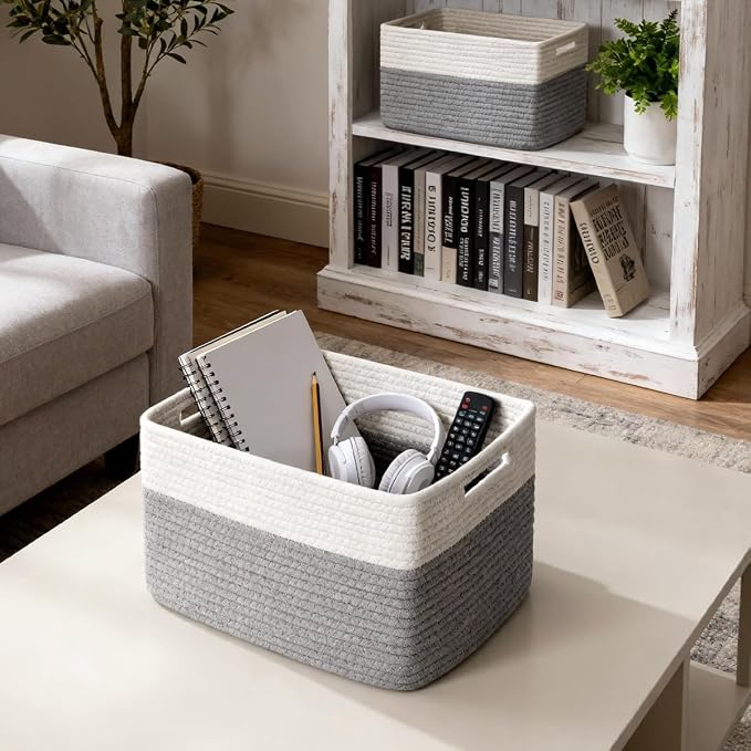 5 Pack Woven Storage Baskets for Shelves, Decorative Basket Closet Organizer Storage Bins for Clothes, Books, Pantry, Bathroom – Cotton Rope Shelf Baskets for Organizing and Decor, Gray & White