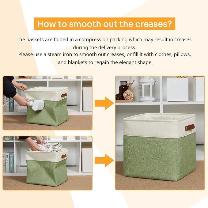 DULLEMELO Storage Baskets for Organizing, Linen Closet Organizers and Storage Baskets for Dog Box, 13 Inch Decorative Cube Storage Bins with handle for Gift Basket(4 Pack - 13" White&Green)