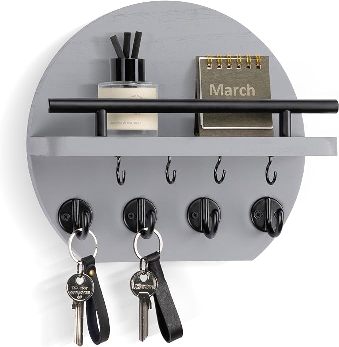 Nekon Key Holder for Wall - 9.8 Inch Apartment Wall Decor with Shelf and 8 Key Hooks, Circular Wood Key Hanger for Home Decor (Gray)