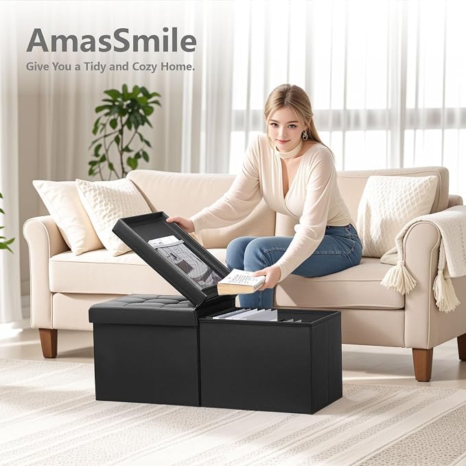 AmasSmile Footrest Ottoman Storage Bench, 34" Leather Folding Stool, Black | Large Ottoman with Storage, Thicker Foam Padded Seat, Livingroom, Dorm, Bedroom, Entryway, Easy to install,34 x 13 x 13in