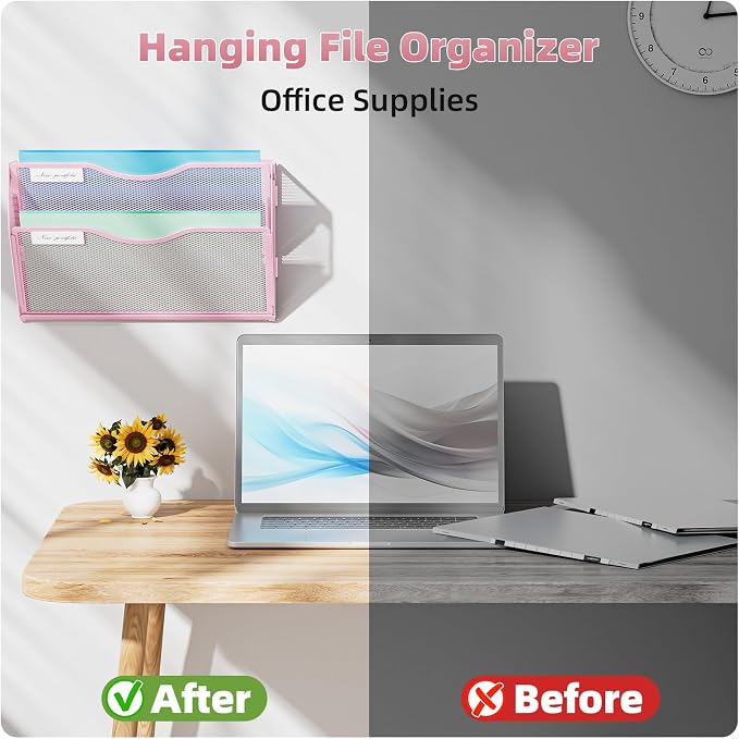 Marbrasse Wall File Holder 2-Tier Hanging Wall File Organizer, Mesh Mail Holder for Papers, Wall Mount File Clipboard & Magazine Organizer Great for Office Home - 2P(Pink)