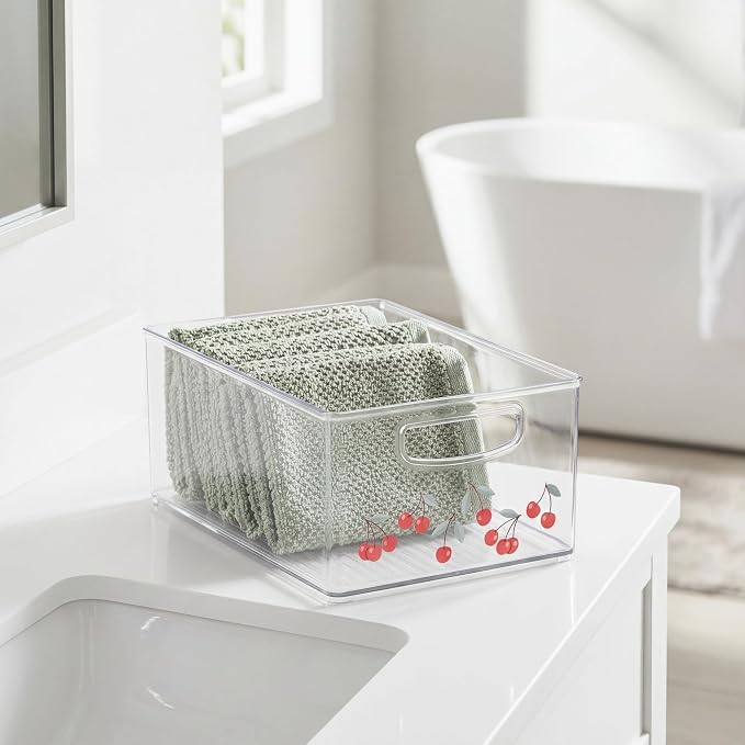 iDesign Bathroom Organizer Bin, Clear/Cherries | Decorative Print, Stackable, Plastic Storage Basket, For Makeup & Vanity Organization
