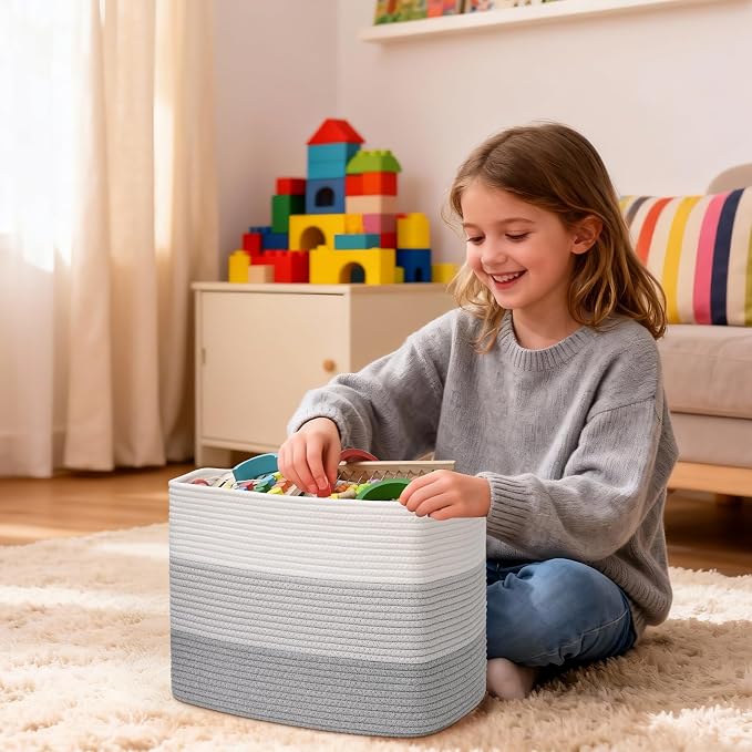 3 Pack Cube Storage Bin, 17”x12”x12” Cotton Rope Woven Baskets for Organizing Toys Clothes Towels, Square Gift Storage Baskets for Shelves, Nursery, Closet, Bathroom, Pantry (Gradient Grey)