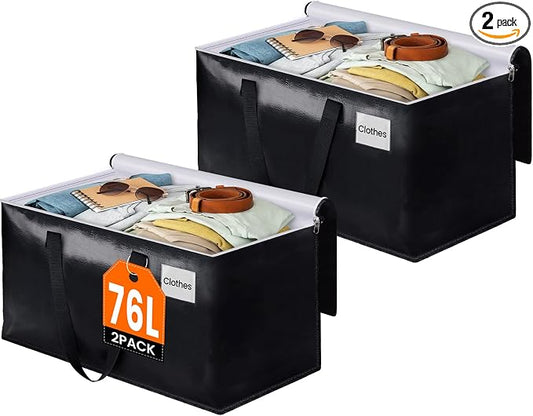 Heavy Duty Moving Bags, Extra Large Storage Bags, 76L, 2-Pack, Black | Foldable, with Zippers, Tag Pocket & Handles, Reusable, Space-saving, Water-Resistant, for moving & storage, Versatile Use
