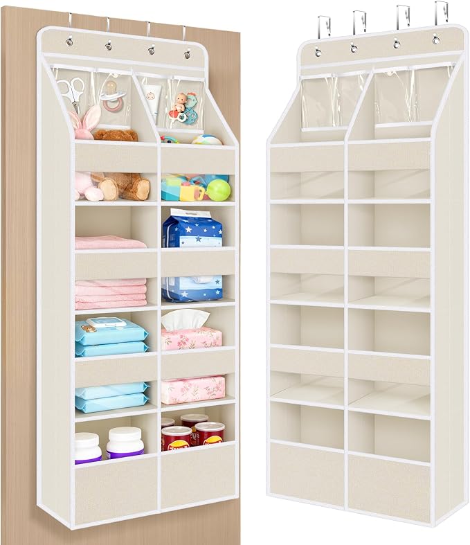 Univivi Upgraded Over Door Organizer for Baby Stuff, Beige Pattern, 5-Shelf | Fabric Behind Door Storage with Clear Window Deep Pockets, Over Door Hanging Organizer for Baby Essential, Bedroom, and Dorm