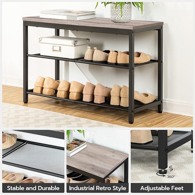 HOOBRO Shoe Bench, 3-Tier Shoe Rack, Industrial Shoe Organizer Storage Bench, 29.5 inches Entry Bench with Mesh Shelves, for Entryway, Living Room, Hallway, Easy Assembly, Greige BG75HX01