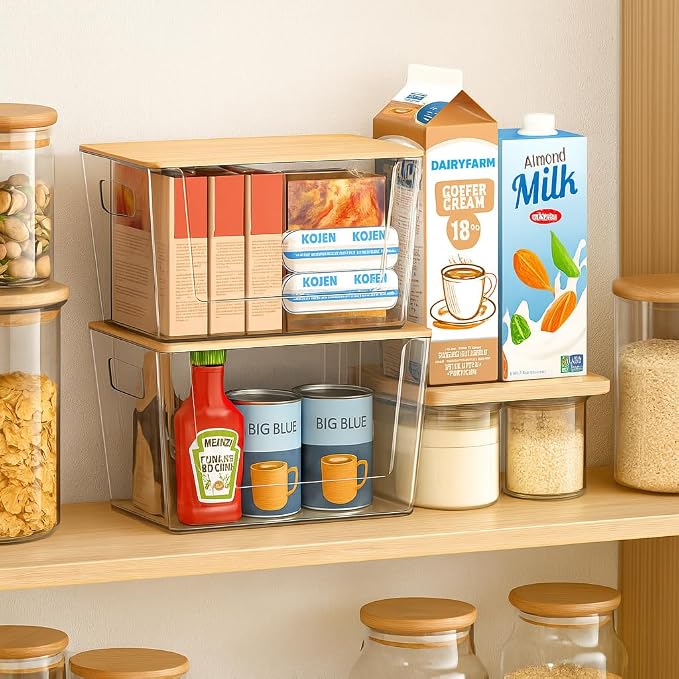 CiWiVOKi 6 Pack Clear Stackable Storage Bins with Bamboo Lids, Trash Bag Holder Dispenser Under Sink Organizer for 4-13 Gal Bags, Plastic Storage Containers for Pantry Bathroom Kitchen Organization