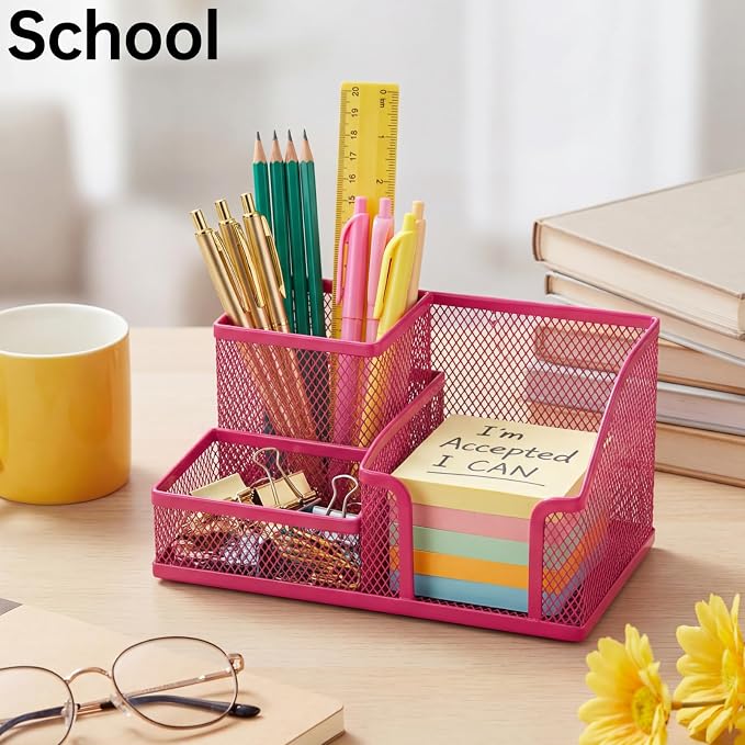 Ferraycle 4 Pcs Mesh Desk Organizer 3 Compartments Mesh Pen Holder Sticky Notes Pencil Holder Metal Caddy Desk Pen Organizer for Desktop Accessories Storage Baskets Home Office School(Pink)