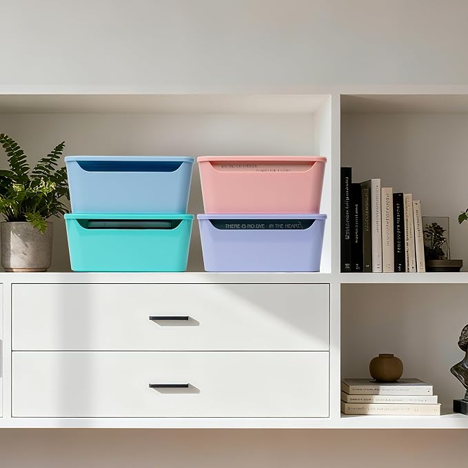 Tiawudi 12 Pack 4.5L Storage Bins with Lids, Plastic Storage Baskets for Home Classroom Organization, Multi-Use Organizer Bins for Cabinet, Pantry, Drawer, Countertop or Shelves, Colorful Containers