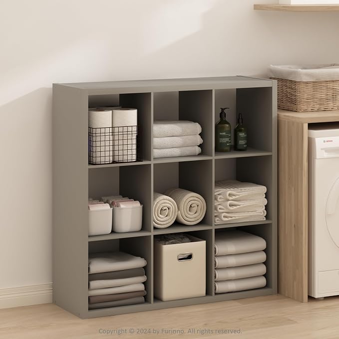 Furinno Simple Cube Storage Organizer, 9-Cube Display Shelf, Open Back Shelving Unit, Storage Shelves, Extra Thick Frame, for Organization and Storage, Living Room, Home Office, Light Grey