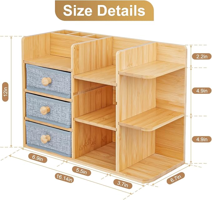 Large Makeup Organizer For Vanity, Large Capacity 3 Tiers Bamboo Bathroom Counter Organizers and Storage, Countertop Makeup Brush Holder, Nail Polish Perfume Stand with 3 Drawers and 10 Compartments