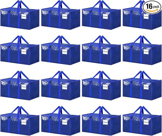 16 Pack Extra Large Clothes Storage Bins with Lids, Storage Bags with Reinforced Handles & Heavy-Duty Zippers, Moving Bags, Moving Boxes Totes for Clothes Packing, Dorms, College Supplies, Blue