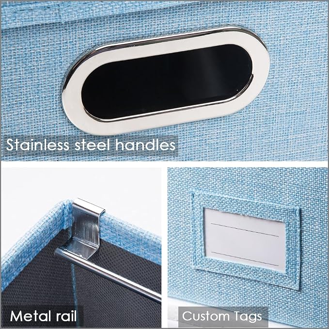 File Organizer Box - Set of 2 Collapsible Decorative Linen Filing Storage Hanging File Folders with Lids Office Cabinet Letter Size Blue (14x9.3x10.8 inch)