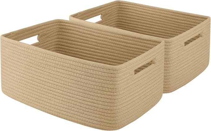 OIAHOMY Storage Basket for Shelves, Closet Cube Storage Bins Baskets for Clothes Blanket Towels, Baby Nursery, Toy Baskets Box, Woven Rope Basket, 15.75 * 11.81 * 7.09 ININ, 2 Packs Jute Yellow