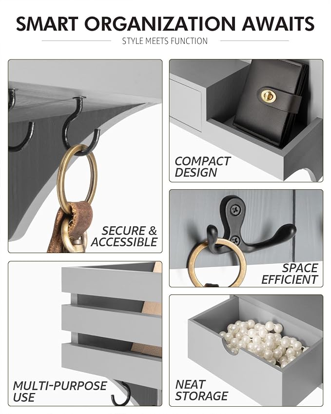 Rebee Vision Key Holder Wall Mount with Drawer & Shelf for Entryway, Gray | Key Holder for Wall, 9 Key Hooks, Floating Shelf, Drawer Organizer, Mail Organizer, Trendy Home Decor, Room Decor Aesthetic