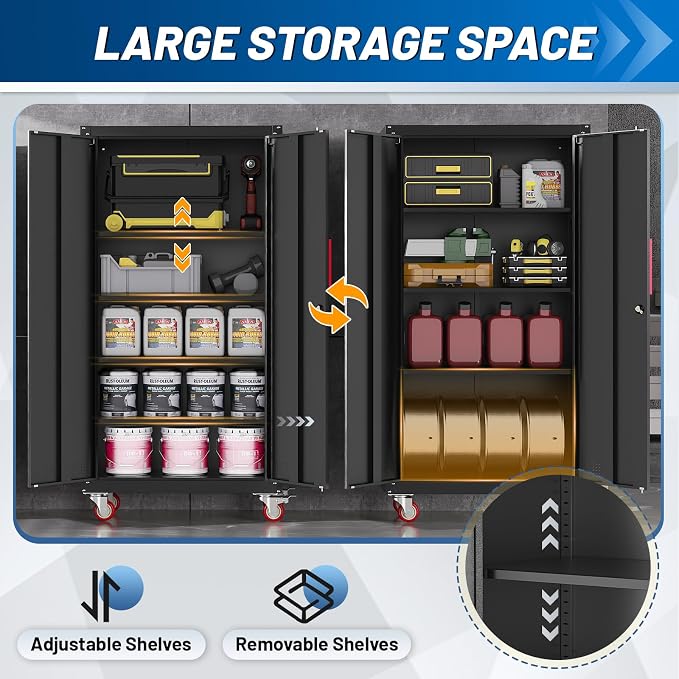 Metal Storage Cabinet with Wheels,71"Garage Cabinets with Lock Door | Heavy-Duty Garage Tool Cabinet with 4 Adjustable Shelves,Garage Cabinet and Storage System for Garage,Home Workshop & Office