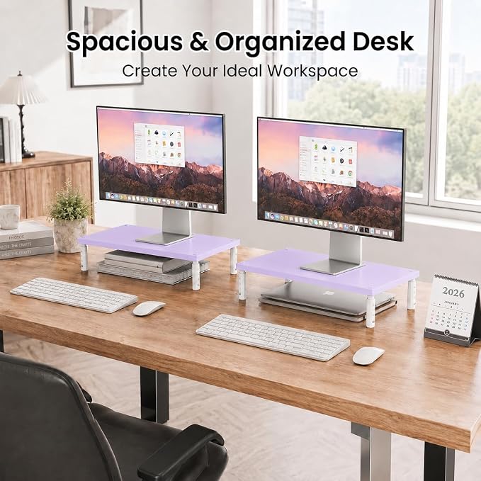 Desk Organizers and Accessories, Adjustable Computer Monitor Stand Riser, Laptop Stand, Office Desk Accessories & Workspace Organizers for Women, Purple Wood