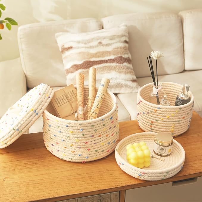 2pcs Small Basket, Cute Basket with Lid & Decorative Bin for Storage | small woven basket rope basket decorative basket gift basket