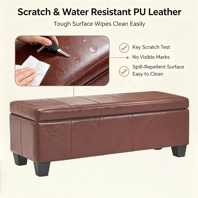41.5 Inch Brown Faux Leather Storage Ottoman Bench for Bedroom Entryway | 2.8 cu ft hidden storage space,660 lbs load capacity,solid wood legs,ideal for end of bed mudroom