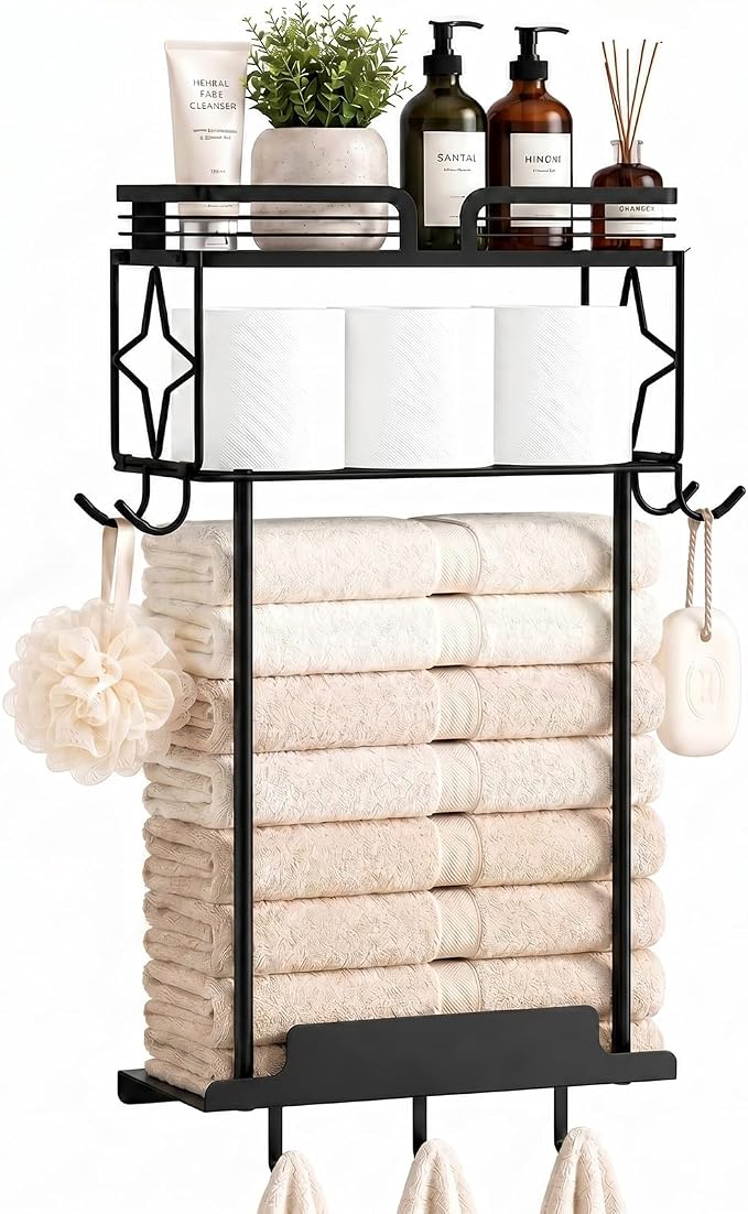 Towel Racks for Bathroom 23.8 Inch Wall Mounted Towel Rack with Shelf, Small Bathroom Towel Storage Holds 3–6 Large Rolled Towels, Metal Wall Towel Rack, Black