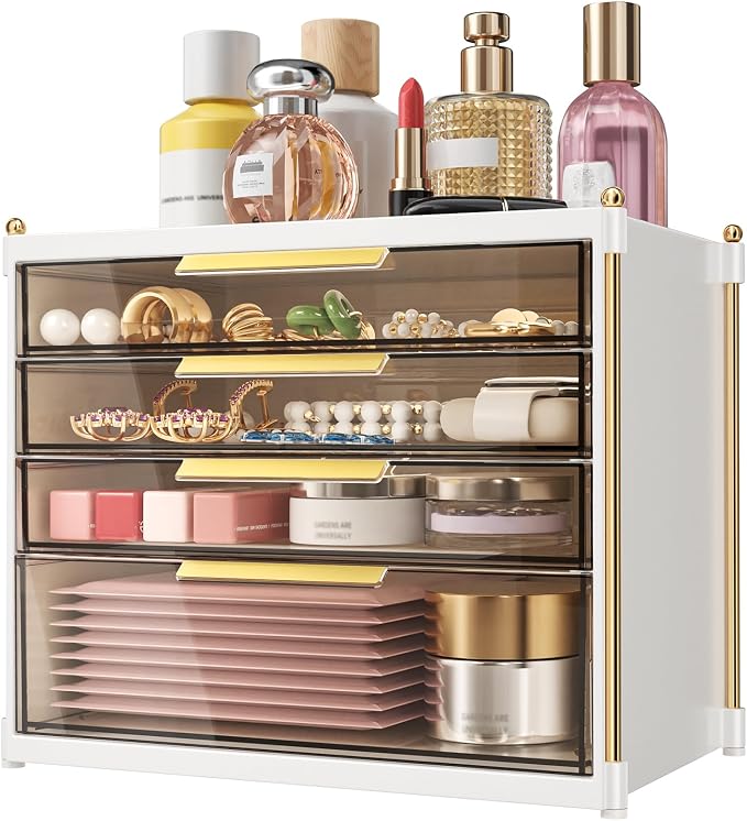 Aveniee 4 Drawers Makeup Organizer- Bathroom Organizers and Storage, Plastic Bins Countertop Perfume Vanity Desk Organization for Cosmetic, Skincare, Face Mask, Jewelry, Gold