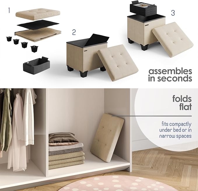 Storage Ottoman Cube with Small Bin, 15-in Square Ottoman with Storage for Living Room and Bedroom, Small Ottomans Foot Rest, Velvet Foot Stools Ottomans Max 330lbs, Beige