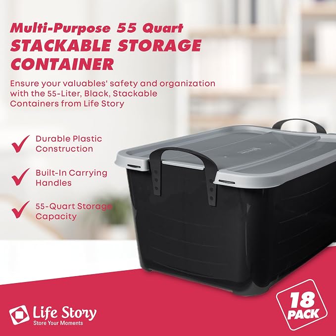 Life Story 18 Pack Heavy Duty Stackable Storage Bin, 55 Qt, Black/Gray | Versatile Home Organizer Set, Lightweight Locking Bins with Carrying Handles