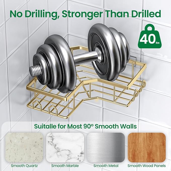 Adhesive Shower Caddy, 2 Pack Corner Bath Organizer, Rustproof Stainless Steel Shower Shelves with Large Capacity, No Drilling Shelves for Bathroom Storage, Home, Kitchen Décor(Gold)