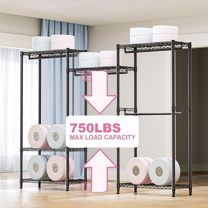 M MZG Heavy Duty Rolling Garment Rack 6 Tiers Adjustable Wire Shelving Clothes Rack with Rods Storage Closet Clothing Rack Black 15.7" D x 70.8" W x 76.5" H
