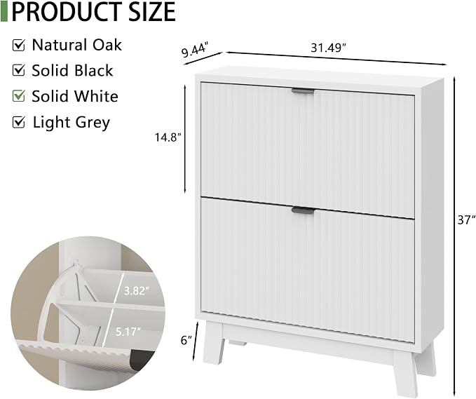 Xixini Shoe Cabinet with 2 Flip Drawers, 37" Tall Narrow Fluted Shoe Storage Organizer for Entryway, Hidden Slim Wooden Shoe Rack Cabinet for Front Door Entrance, Hallway, Living Room, Solid White