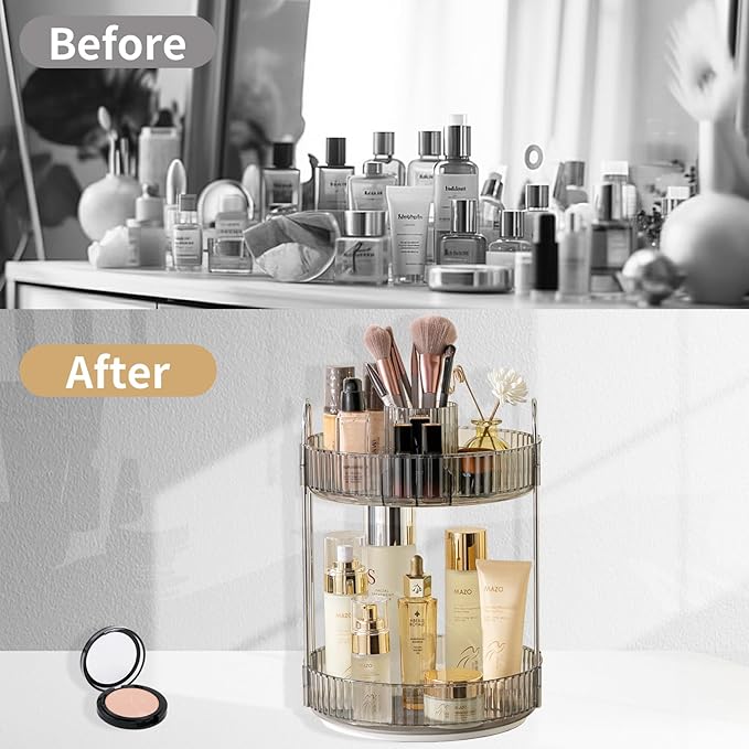 Asayuee 360 Rotating Makeup Organizer,2 Tier Large Capacity Make Up Organizers and Storage,Skincare Perfume Vanity Organizers,Bathroom Cosmetics Storage Organizer Countertop(Grey)
