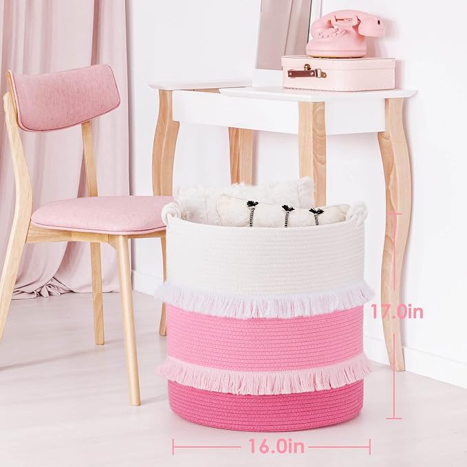 CherryNow 60L Woven Rope Baby Basket with Tassel, 17" x 16", Pink | Decorative Baby Laundry Basket for Blankets & Towels Storage, Fits Girls' Living Room & Nursery Decor, with Knotted Handles