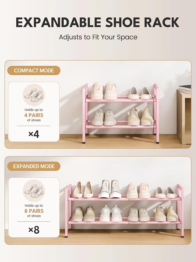 Bumusty 2 Tier Expandable Shoe Rack for Closet, Pink | 18"-33" Adjustable Shoe Rack for Entryway, Small Shoe Organizer for Dorm, Front Door, Sturdy Metal