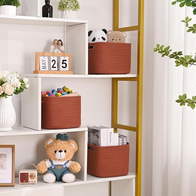 3 Pack Cube Storage Bin, 9”x9”x7” Cotton Rope Woven Baskets for Organizing Toys Clothes Towels, Square Gift Storage Baskets for Shelves, Nursery, Closet, Bathroom, Pantry (Red)