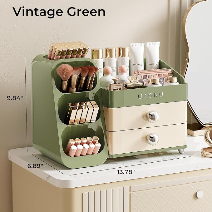 UFORU Makeup Organizer Countertop with Brush Holder for Vanity Bathroom | Large Capacity, Thickened Plastic, Compact Size, 2 Big Drawers, Detachable Brush Holder, Divided Compartments, Easy Access