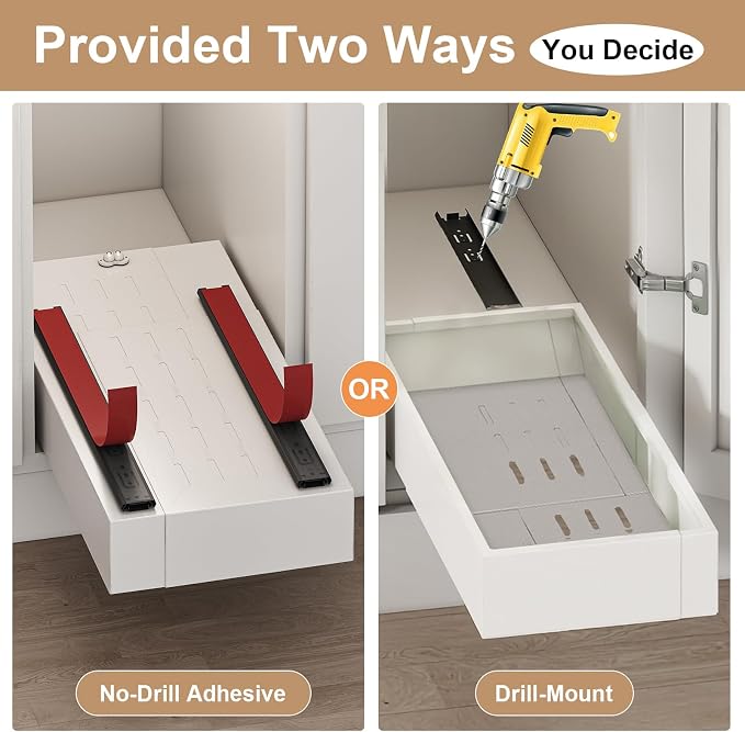 Pull out Cabinet Organizer,Width (7"-11") and Depth (17"-24") Expandable,No Drill Adjustable Slide out Drawers for Kitchen,Pantry,Adhesive Roll out Shelves,for Cabinets Without Lip,White