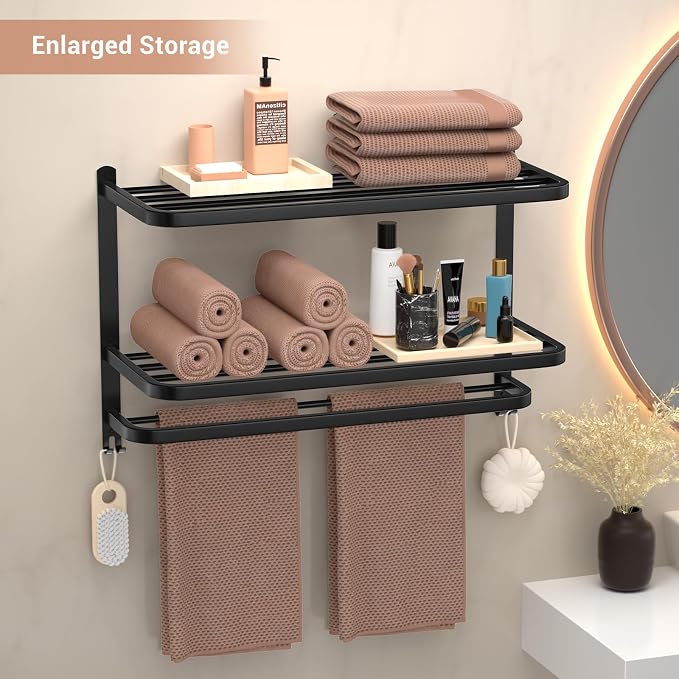 23 Inch 3-Tier Black Towel Racks for Bathroom with Towel Bars Multilayer Hotel Towel Shelf Stainless Steel Wall-Mounted Matte Finished Holder with Towel Shelves